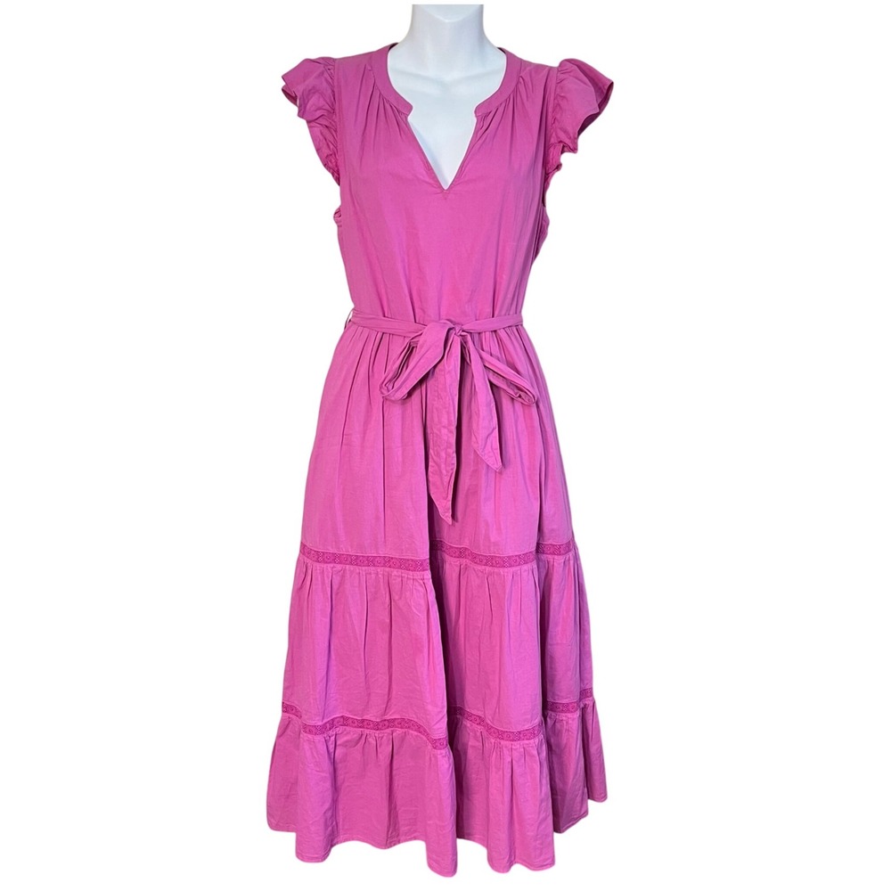 XiRENA Fuchsia Tiered Midi Dress with Tie Waist